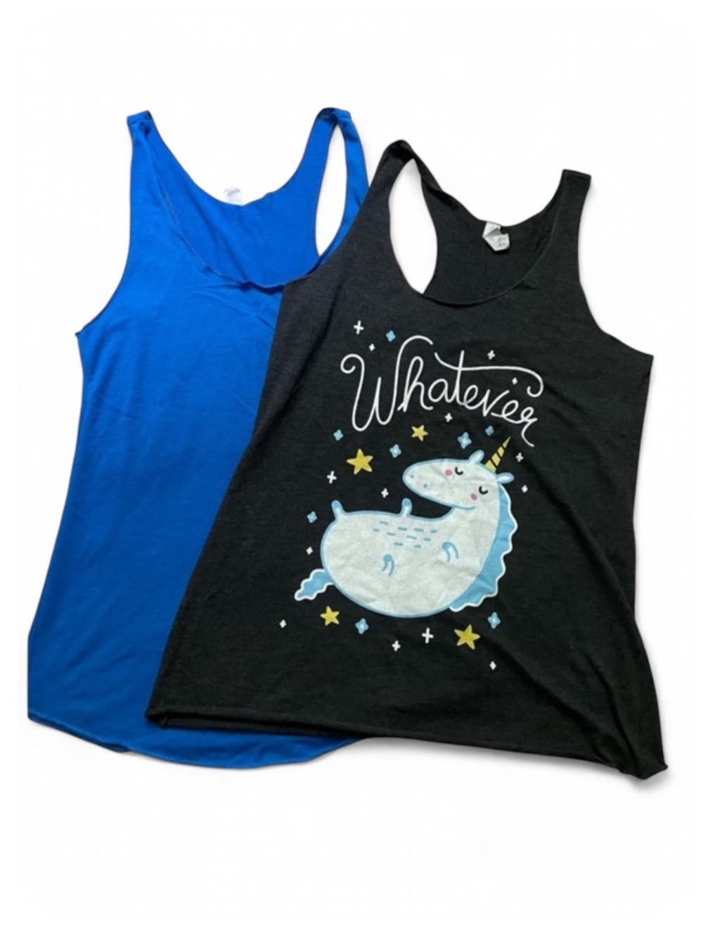 Two Racerback Tank Tops - Blue and Whatever Unicorn Size M/L